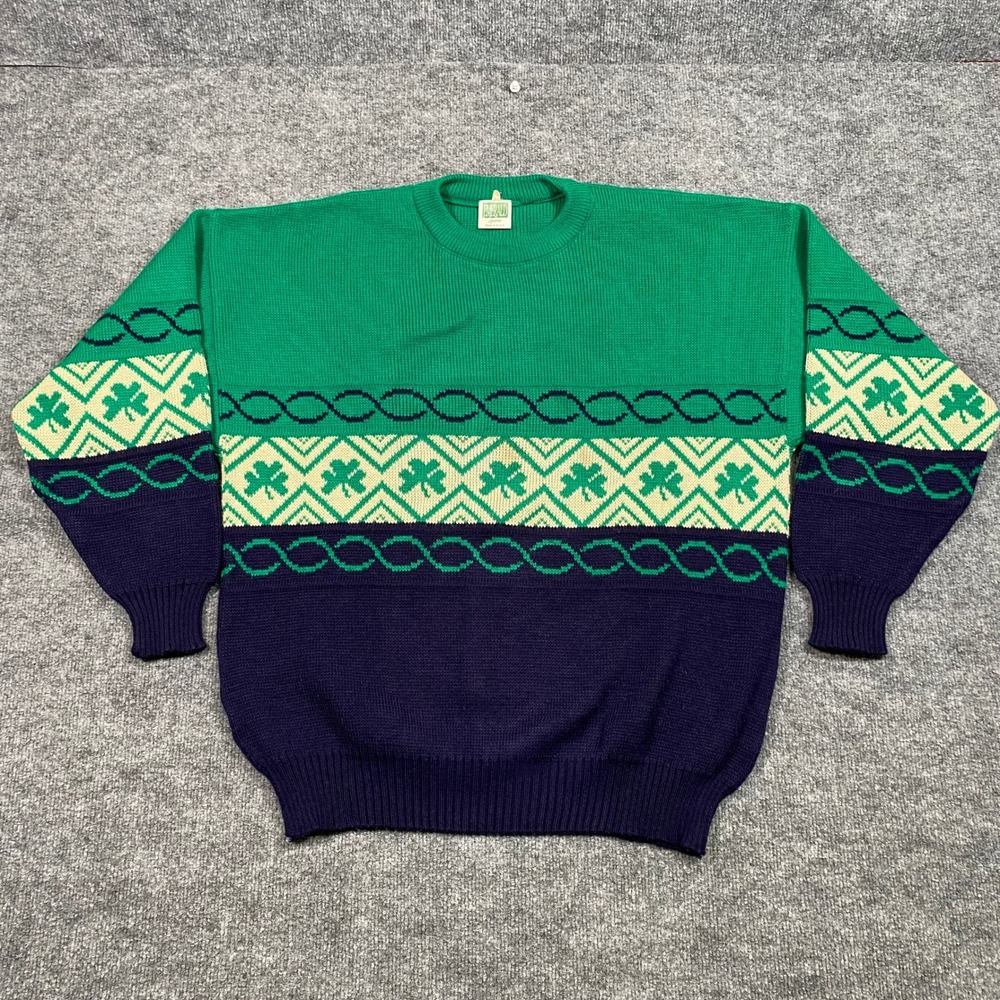 Emerald Sports Mens‎ XL Shamrock Fair Isle Sweater Green Navy Made in Ireland